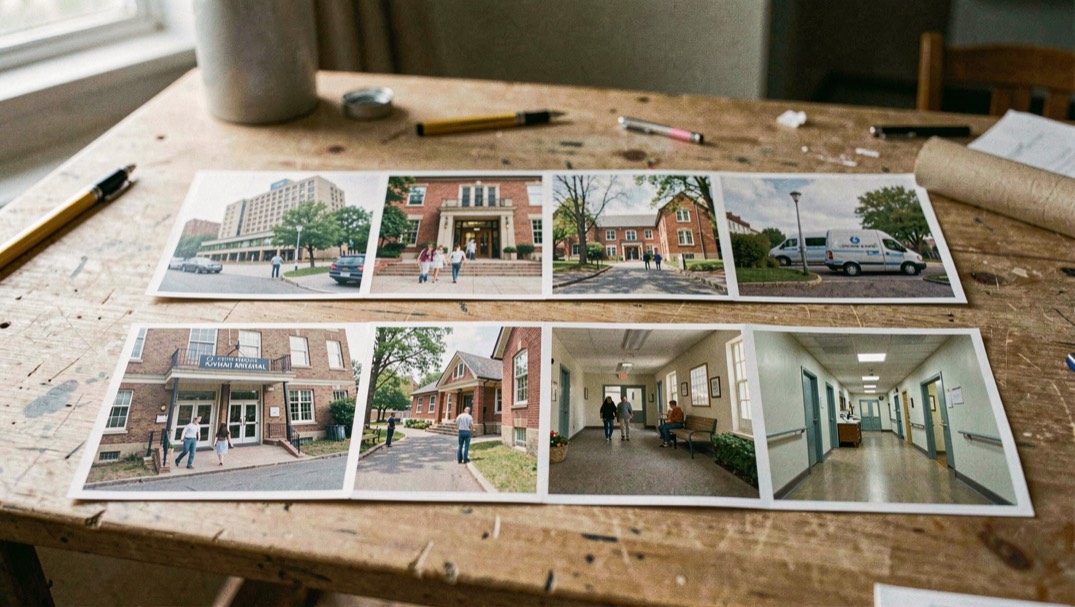 Four small architectural briefing scenes on one worktable: hotel arrival, civic entrance, community hall and clinical corridor, no text