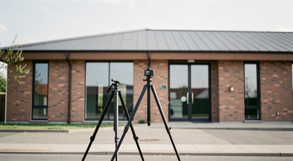A tripod set at pedestrian eye level facing a modern brick building, foreground and roofline balanced in a level composition