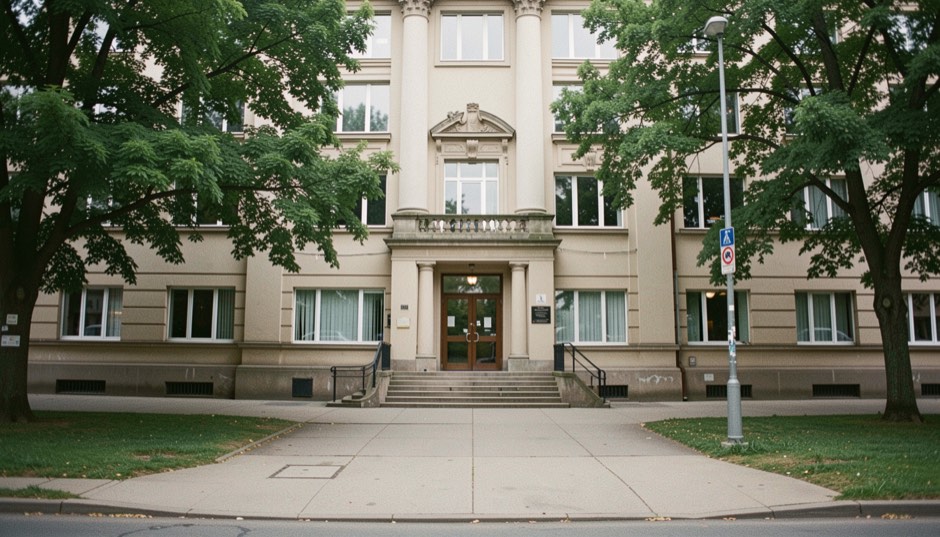 A restrained public building seen from the approach, with facade, entrance, pavement and neighboring trees all clearly legible