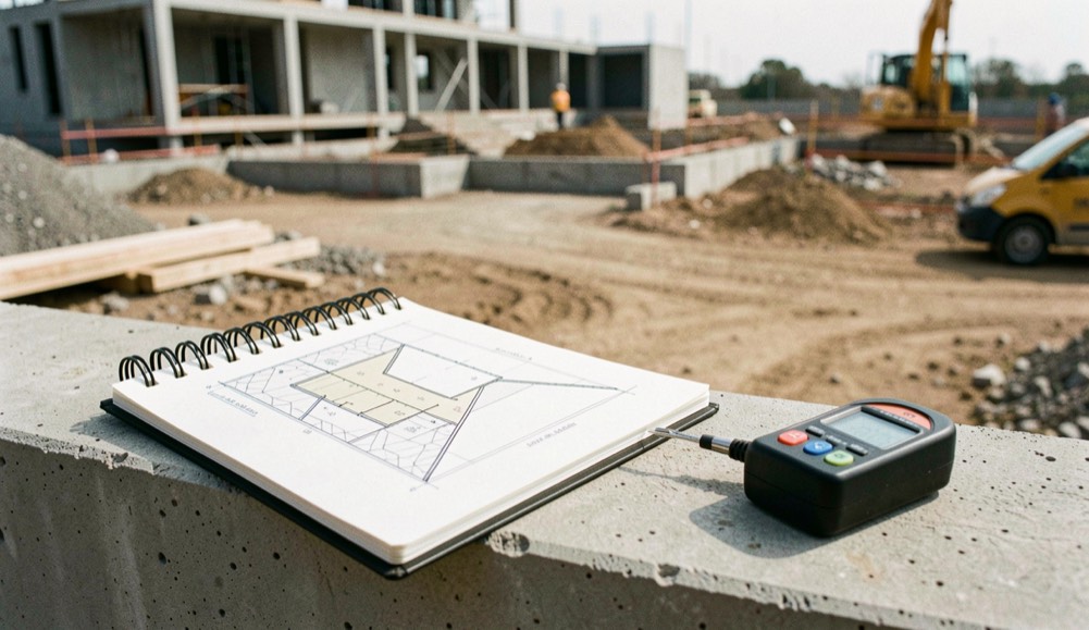 An architecture survey notebook, folded site plan and light meter resting on a concrete ledge beside an active building site
