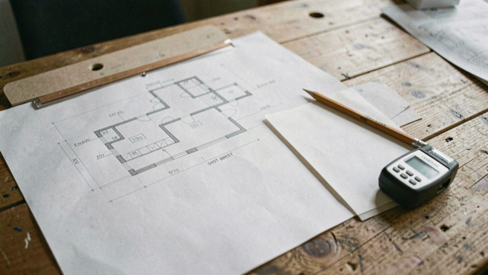 An architectural photography planning table with a floor plan, blank shot brief, pencil and small light meter, no readable text