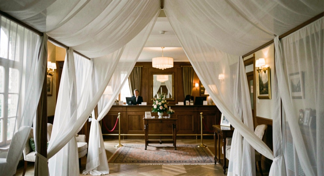 A quiet hotel arrival sequence with canopy, reception sightline and warm lobby beyond, photographed before guests enter the frame