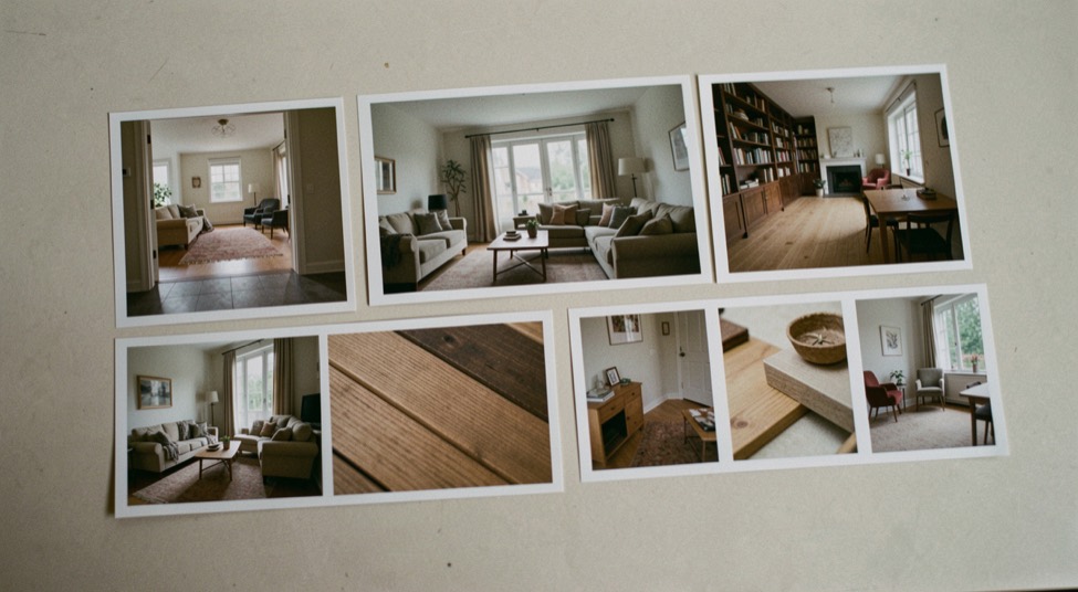 A set of interior photographs arranged from threshold and overview to circulation and material detail on a neutral work surface