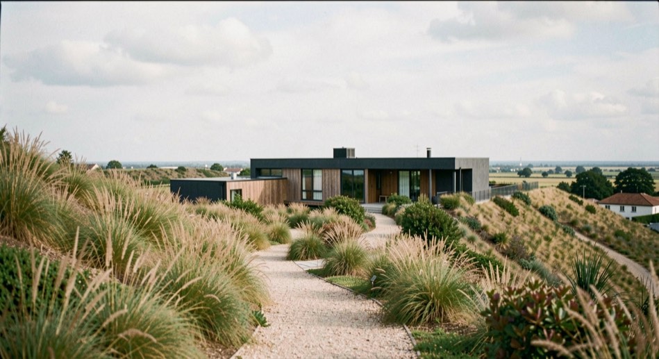 A low modern building settled into grasses and sloping terrain, access path, planting and distant horizon included in the frame