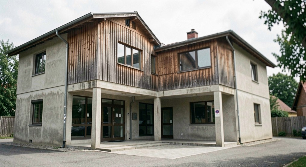 A three-quarter view of a concrete and timber building where two facades and the depth of the entrance court are visible together