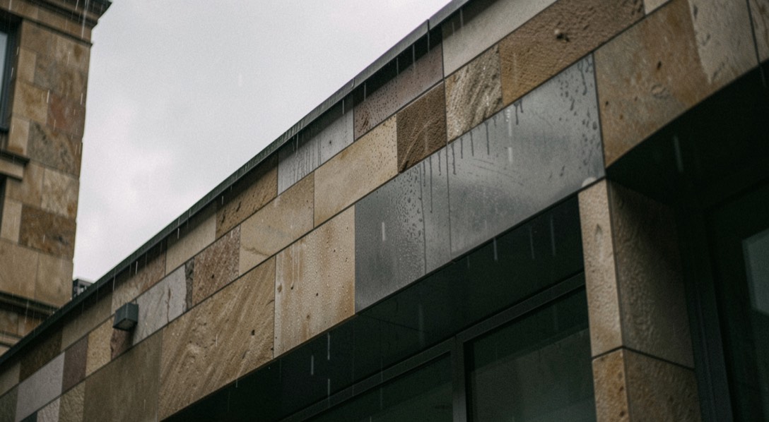 A rain-darkened stone and metal facade under a soft overcast sky, subtle material color and joints visible without hard shadows