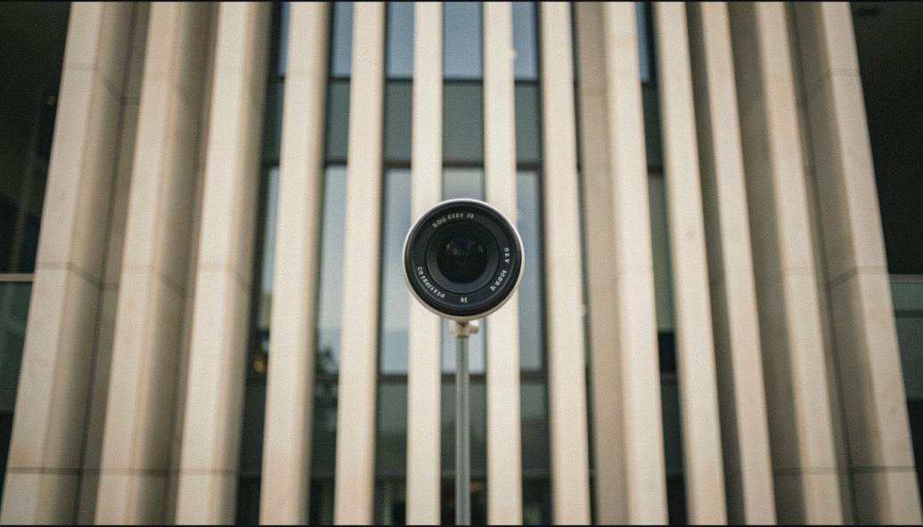 A technical architectural camera with a shifted lens aimed level at a rectilinear facade, parallel vertical lines visible in the scene