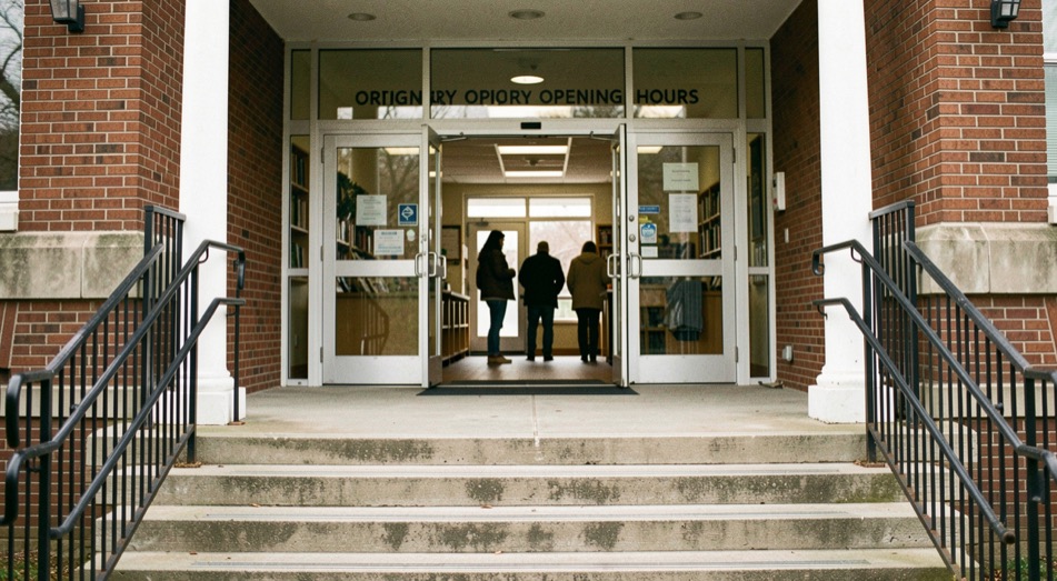A civic library entrance during ordinary opening hours, steps, ramp, doors and a few distant anonymous users visible together