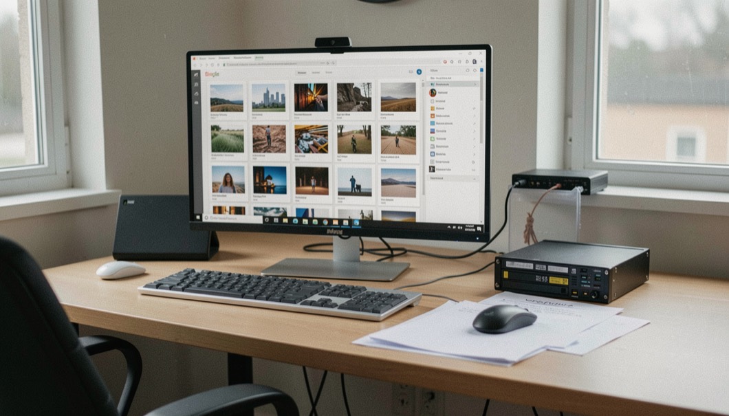 A digital asset handoff desk with calibrated monitor, ordered image thumbnails, storage drive and metadata notes without readable text