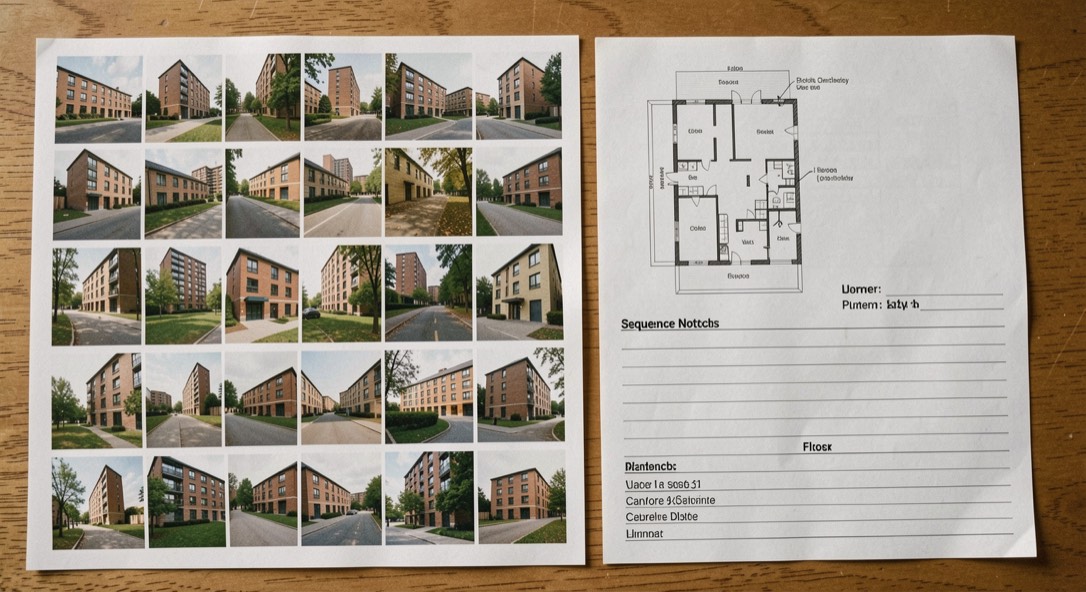 A contact sheet of varied building views laid beside a floor plan and blank sequence notes, photographed without readable labels