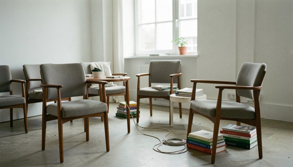 A design team preparing a quiet interior, aligning chairs and removing a loose cable while leaving books and signs of use in place