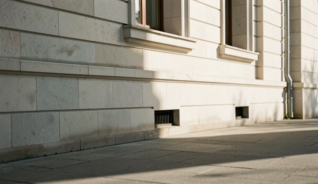 The same pale masonry facade catching directional morning light while a long clean shadow records the sun angle across the ground
