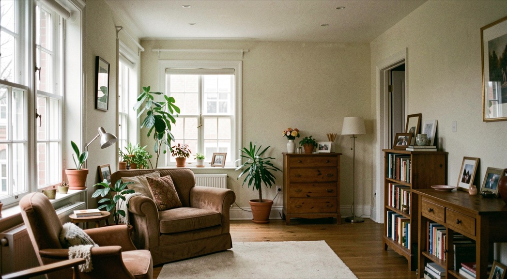 A wide interior view with furniture near the frame edge kept natural in scale, camera position and field of view visibly considered